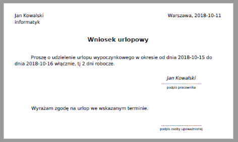 Przykład wypełnonego wniosku urlopowego